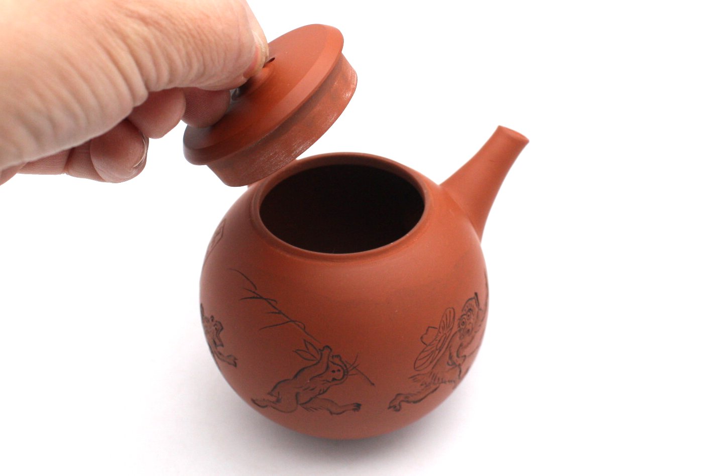 都築青峰 朱泥鳥獣戯画急須 ささめ茶こし seihou013 - 常滑焼